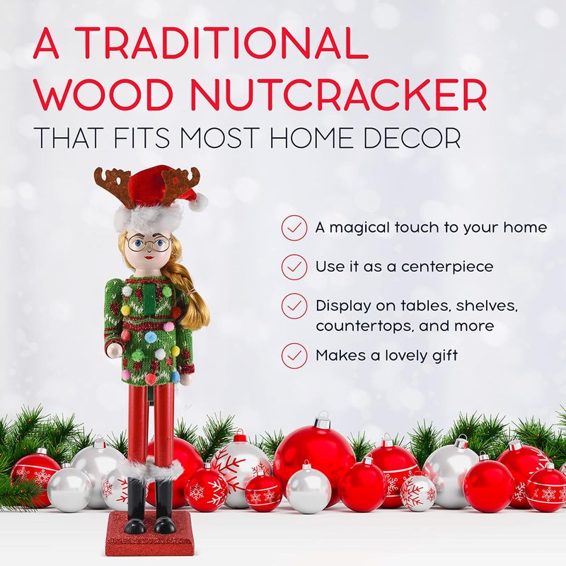 Ornativity Christmas Ugly Sweater Nutcracker – Red and Green Wooden Nutcracker Woman with an Ugly Sweater and Reindeer Hat Xmas Themed Holiday Nut Cracker Doll Figure Decorations 15" - Image 5